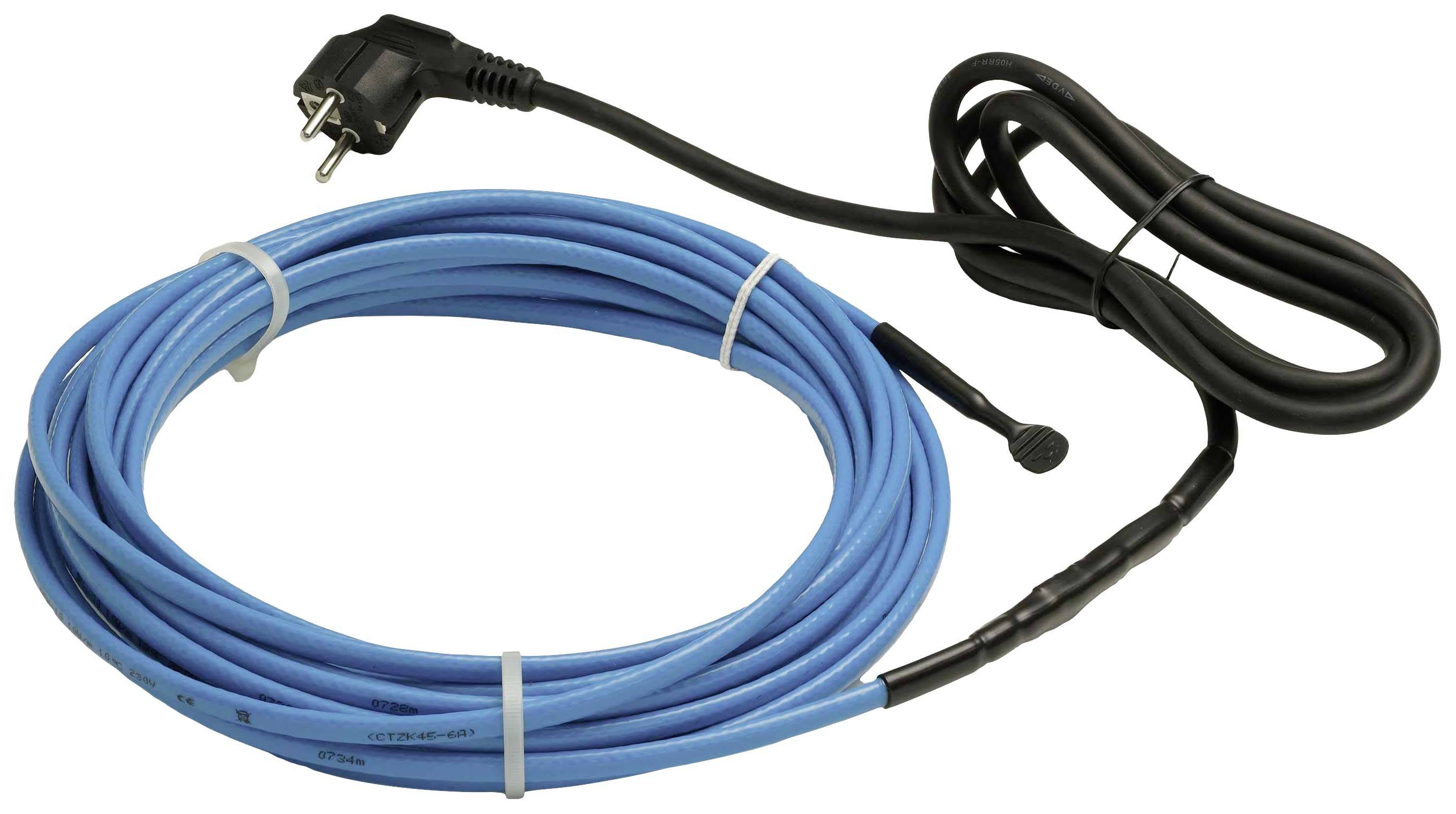 Ein blaues Heizkabel mit Stecker und eingebautem Thermostat, aufgerollt und bereit zur Nutzung.