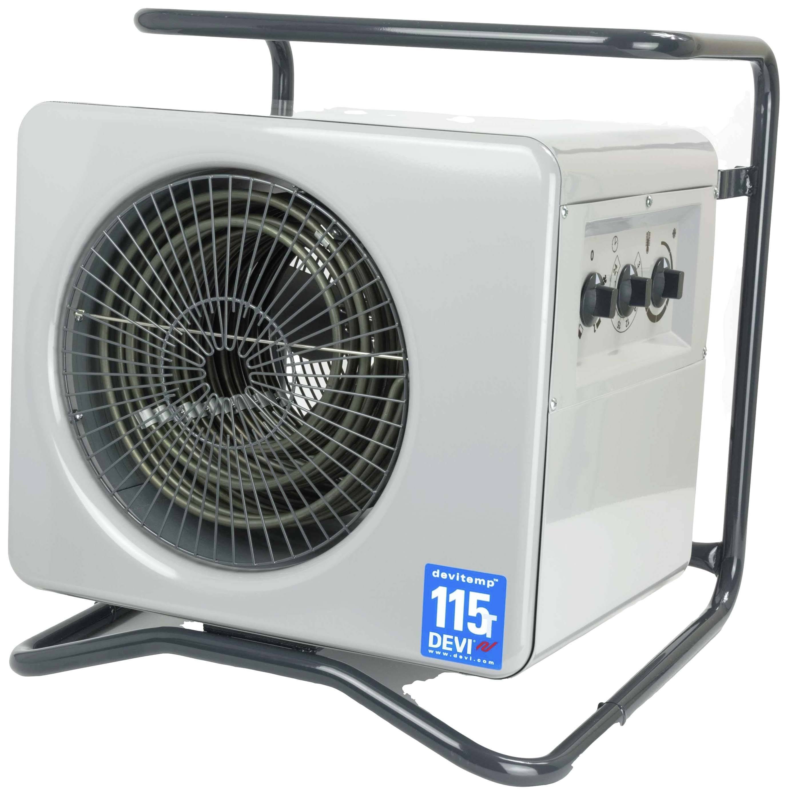 Grauer industrieller Heizlüfter auf Standfuß mit Bedienelementen an der Seite. Vorderseite hat ein Gitter vor dem Ventilator.