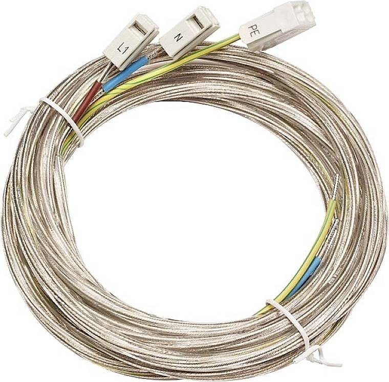 Ein Kabel mit drei farbigen Adern (braun, blau, gelb/grün), beschriftet mit 'L', 'N' und 'PE', ringförmig aufgewickelt.