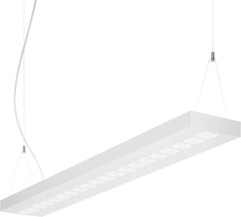 Weiße, rechteckige, hängende LED-Deckenleuchte mit zwei dünnen Kabeln an der Decke befestigt, minimalistisches Design.
