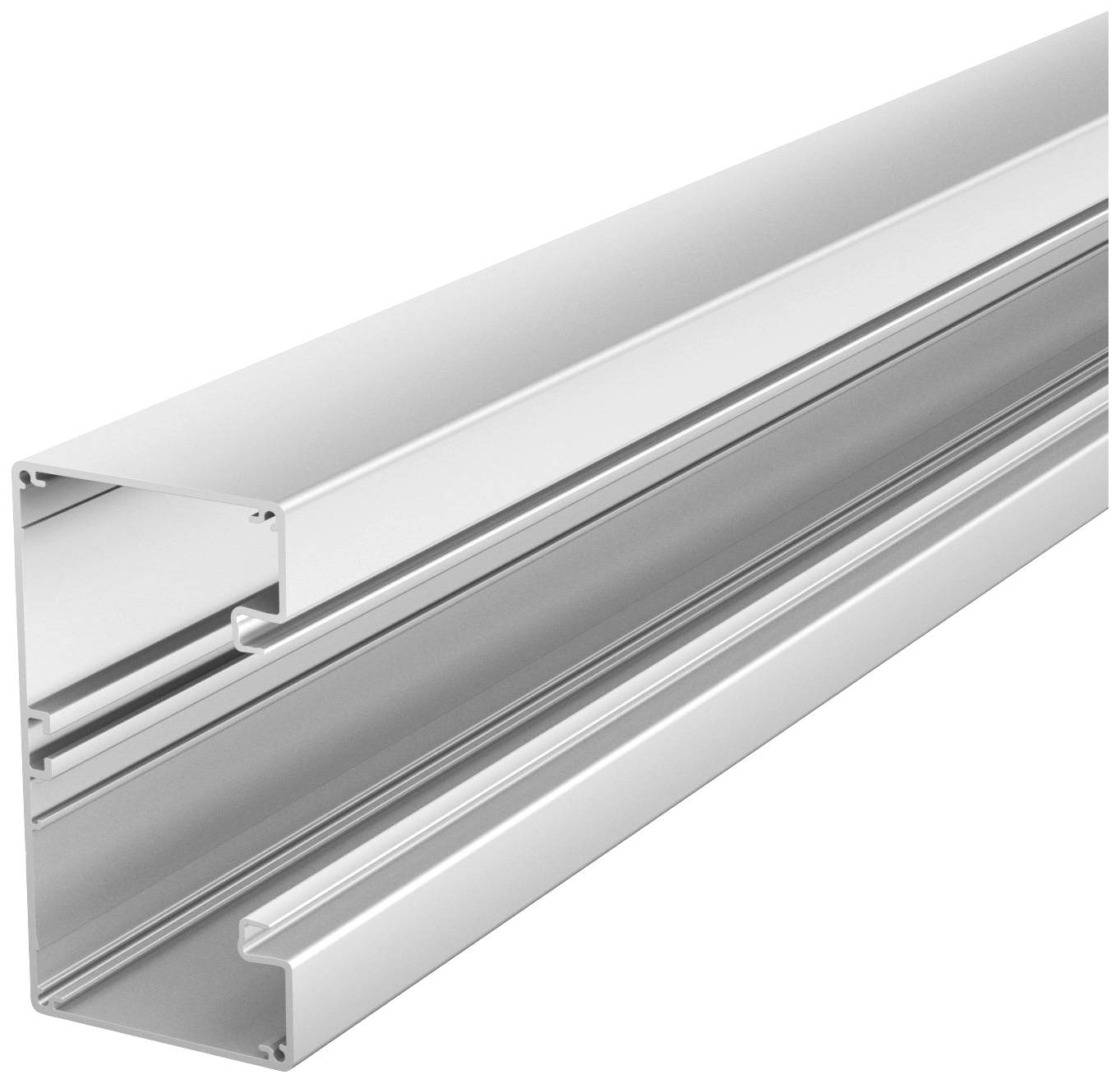 Aluminiumprofil mit Hohlraum und seitlichen Führungsschienen, wird häufig für den Bau von Regalen oder Trägersystemen verwendet.