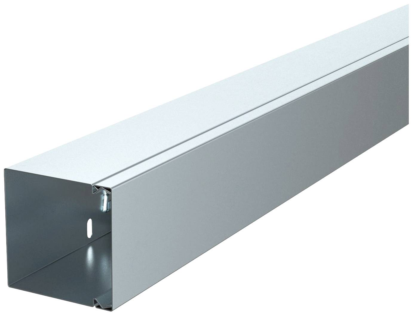 Rechteckiger Metallkanal mit kleinem Loch an der Seite.