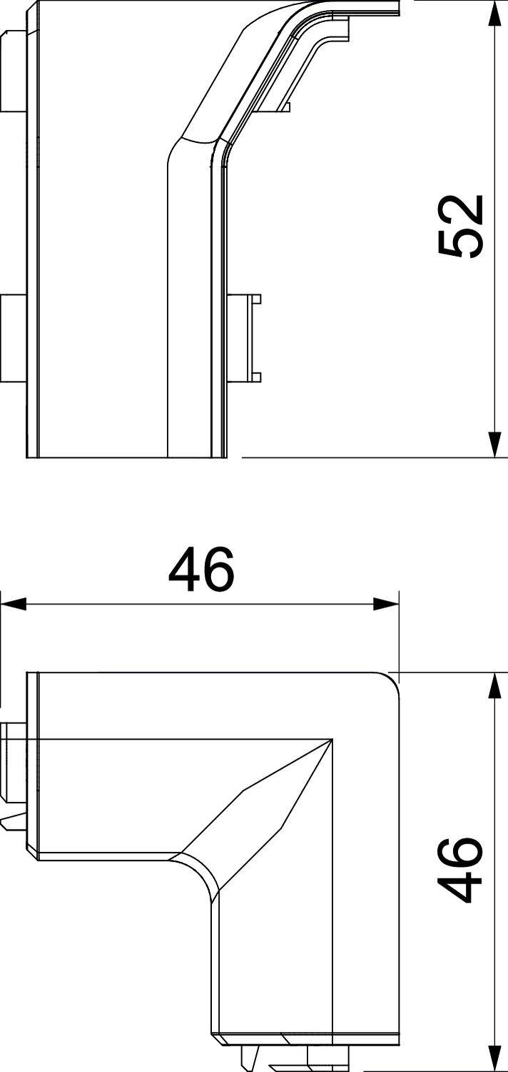 Technische Zeichnung einer Armatur, seitliche Ansicht. Oben: Höhe 52 mm, unten: Breite 46 mm, Höhe 46 mm.