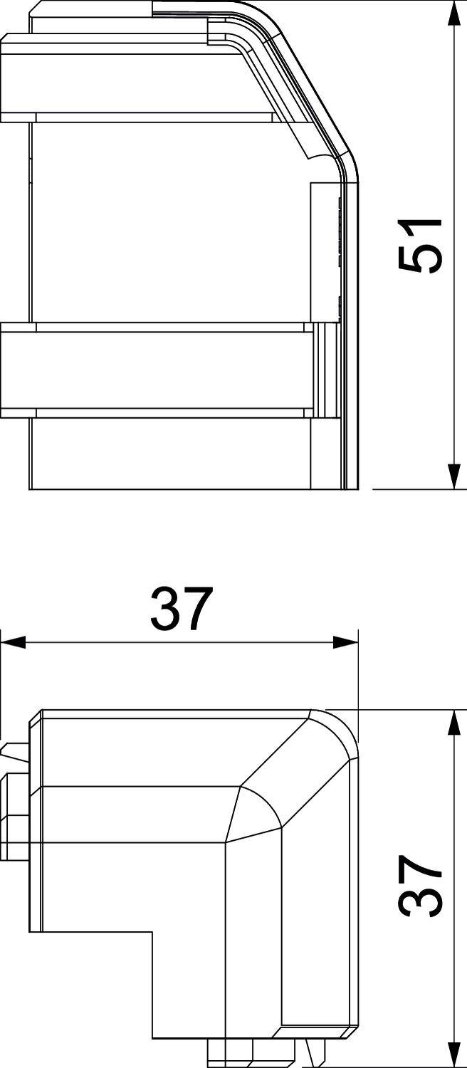Technische Zeichnung eines rechteckigen Bauteils mit den Maßen 51 mm x 37 mm. Seiten- und Draufsicht sind dargestellt.