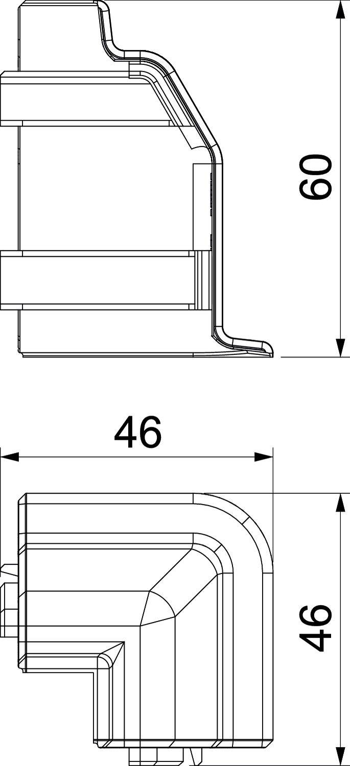 Technische Zeichnung eines Eckprofils mit Maßen: Breite 46 mm, Höhe 60 mm und Tiefe 46 mm, zeigt detaillierte Struktur und Form.