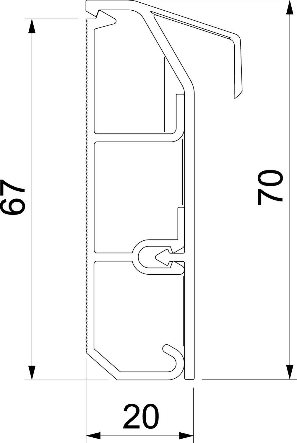 Technische Zeichnung eines Profilschnitts mit Maßen: Breite 20 mm, Höhe 70 mm und ein weiterer innerer Bereich von 67 mm.