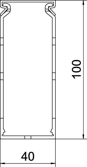 Technische Zeichnung eines rechteckigen Metallprofils. Maße: Breite 40 mm, Höhe 100 mm. Draufsicht zeigt Querschnitt und Details.