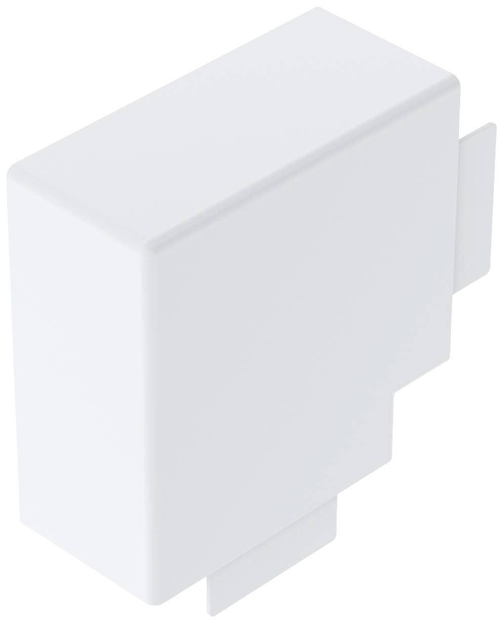 Ein weißes, rechteckiges, abgerundetes Objekt mit zwei herausragenden Laschen, möglicherweise Teil eines Gehäuses oder einer Abdeckung.