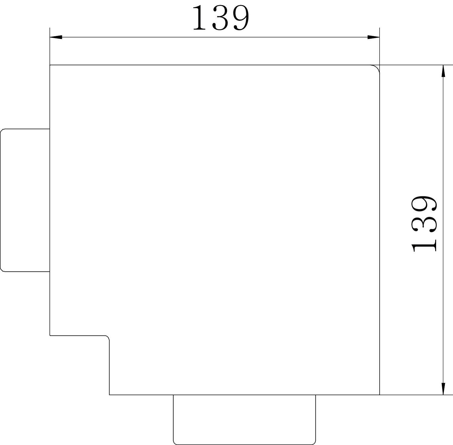 Technische Zeichnung eines quadratischen Objekts mit den Maßen 139 x 139 mm. Enthält zusätzliche rechteckige Erstreckungen an den Seiten.