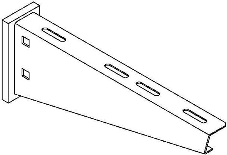 Zeichnung eines Metallwinkelträgers mit Löchern zur Wandmontage. Geeignet für Regale oder andere Konstruktionen.