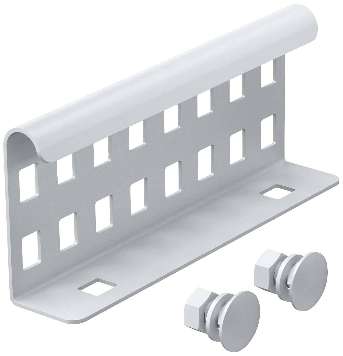 Metallhalterung mit rechteckigen Aussparungen auf der Rückseite und zwei runden, silbernen Schrauben.