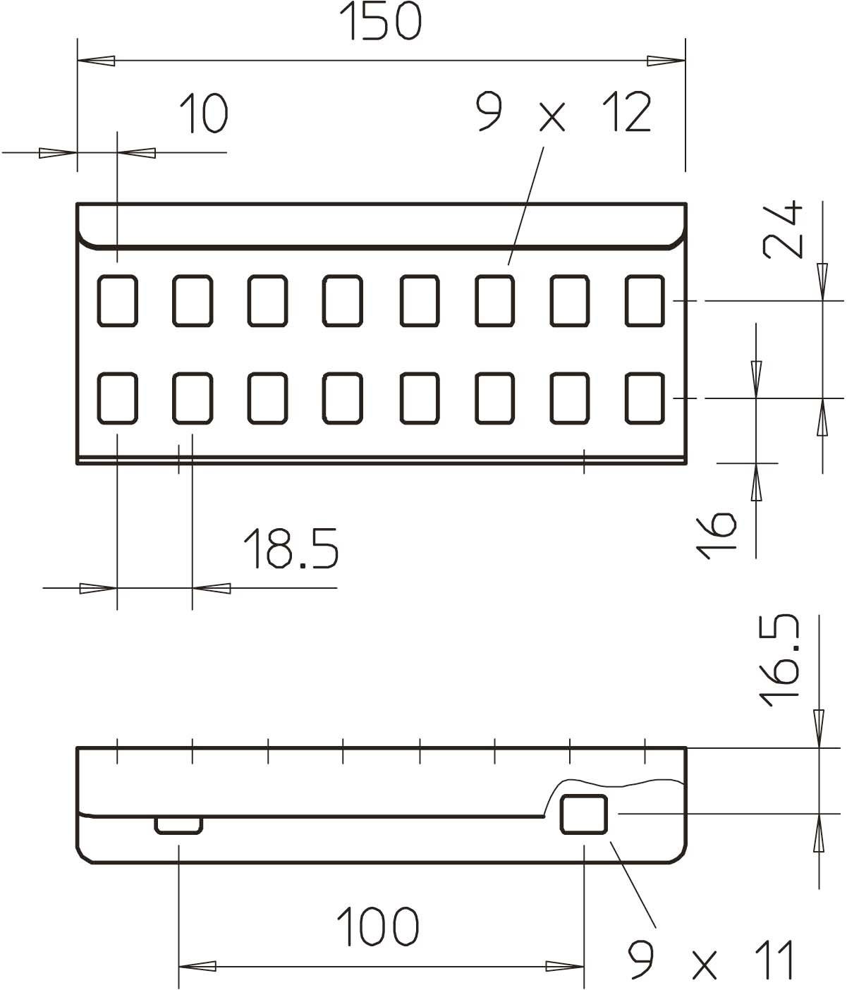 Technische Zeichnung eines rechteckigen Bauteils mit mehreren quadratischen Aussparungen und Maßangaben in Millimetern.