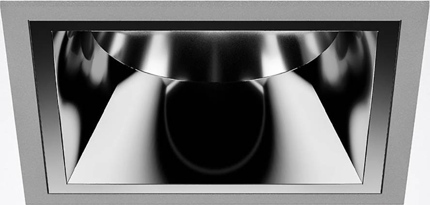 Ein rechteckiger, moderner Deckenstrahler mit glänzender, metallischer Oberfläche, zeigt elegant gebogene Formen für stilvolle Beleuchtung.