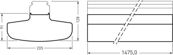 Technische Zeichnung eines Bauteils mit Kreuz- und Längsschnitt. Maße: 205 mm Breite, 91 mm Höhe. Gesamtlänge: 1475 mm.