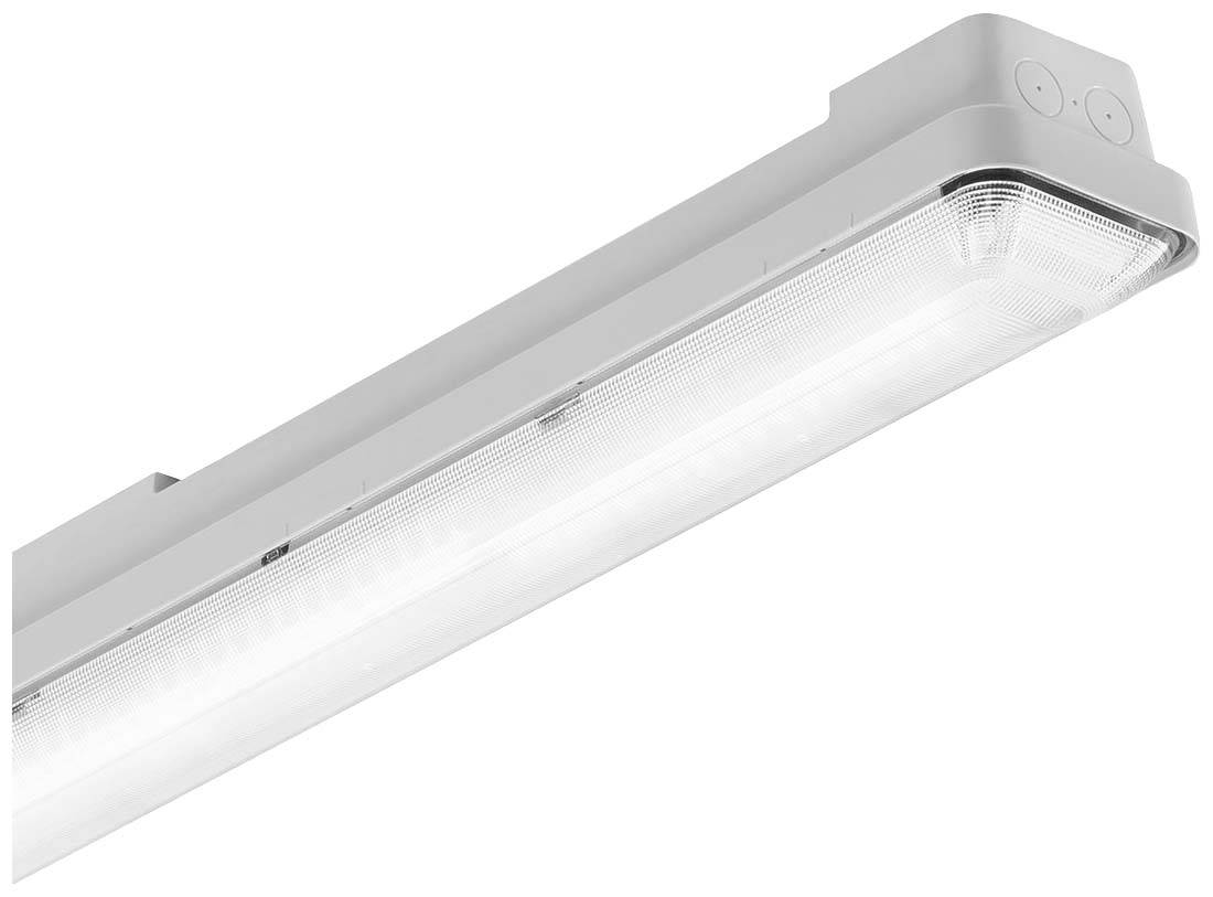 Weiße LED-Leuchte in länglicher Form, montiert an der Decke, leuchtet hell und gleichmäßig. Geeignet für Büros und industrielle Bereiche.
