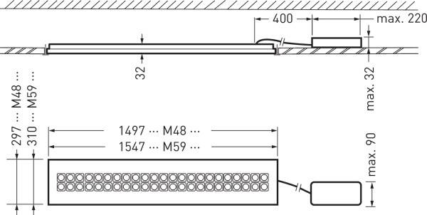 Querschnitt und Draufsicht eines rechteckigen Bauteils mit mehreren runden Öffnungen. Maße sind 32, 220, 297, 400, 1497, 1547.