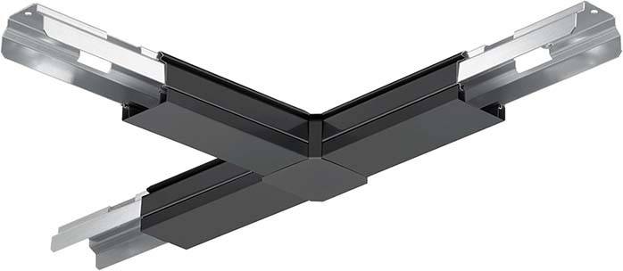 Metallverbindungsstück mit schwarzem Finish in Eckform, möglicherweise Teil eines Möbelstücks oder einer strukturellen Komponente.