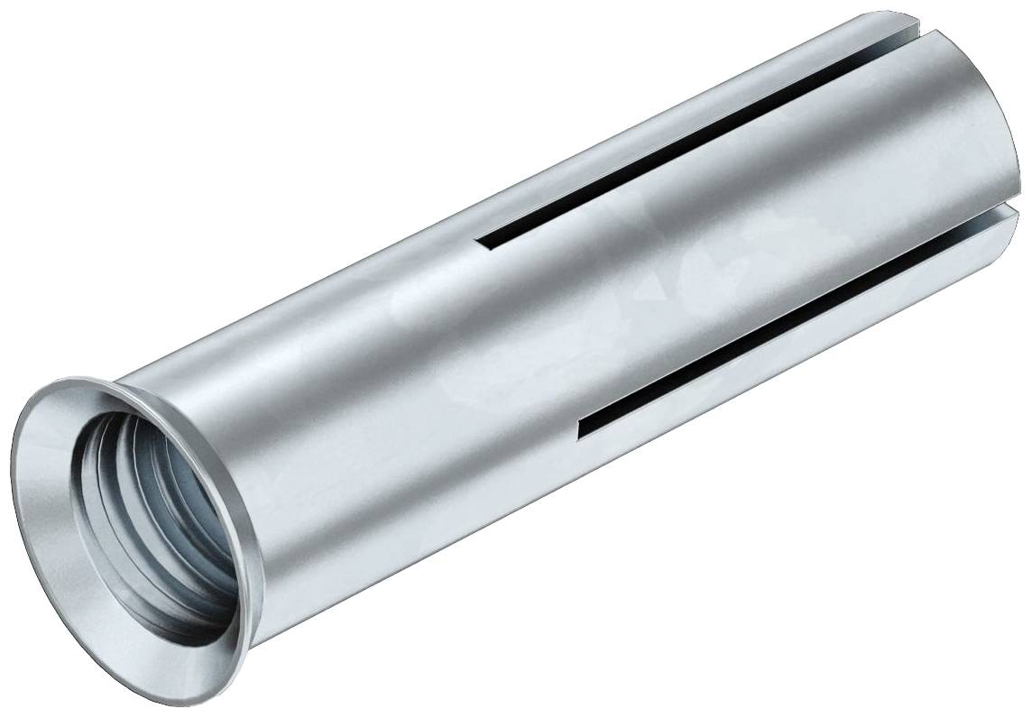Ein zylindrischer Metalleinsatz mit Schlitz an der Seite, der als Verankerungselement in Bauprojekten verwendet wird.