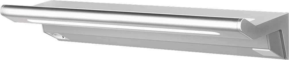 Wandmontiertes LED-Licht in modernem Design, silberfarben, mit schlanker, rechteckiger Form und einem gleichmäßigen Lichtstrahl.