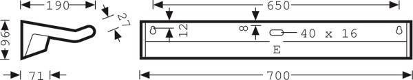 Technische Zeichnung eines Bauteils mit Abmessungen: Länge 700 mm, Höhe 96 mm. Enthält Bohrungen und Abstandshalter.