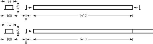 Technische Zeichnung von zwei rechteckigen Balken mit Maßangaben: 1413 Längenmaß, 8 Breitenmaß und 45 und 100 Höhenmaß.