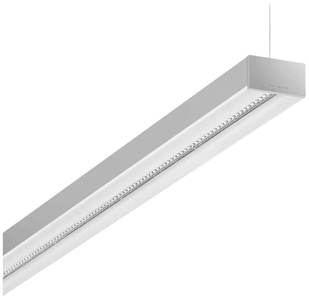 Lange, rechteckige LED-Leuchte mit silbernem Gehäuse; minimalistisch gestaltet, hängend befestigt, oft in modernen Büros verwendet.