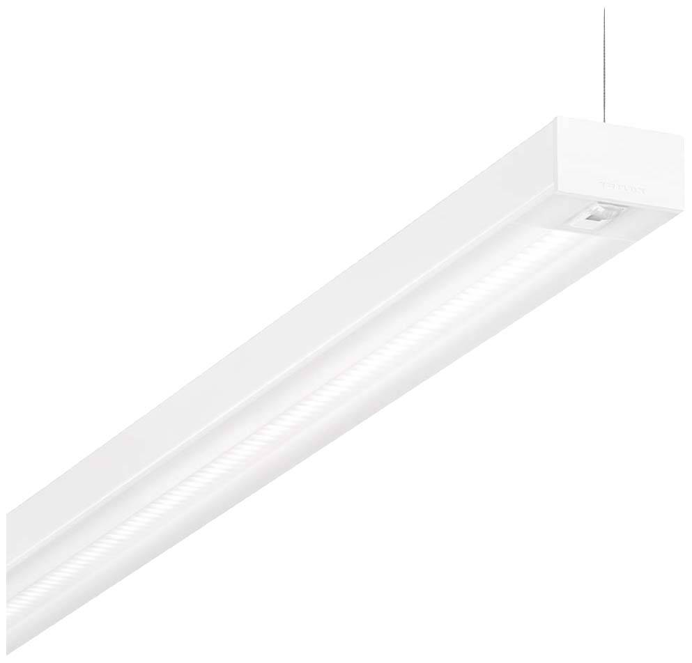 Eine moderne, weiße LED-Deckenleuchte in rechteckiger Form hängt an einem Kabel.