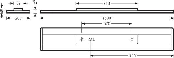 Technische Zeichnung einer rechteckigen Deckenleuchte mit Abmessungen: Breite 950 mm, Tiefe 200 mm, Höhe 45 mm.