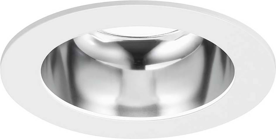 Einbauspot mit silbernem Reflektor und weißem Rahmen. Geeignet für Innenbeleuchtung und modern in Design.