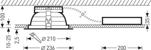 Schematische Zeichnung einer Deckeninstallation zeigt ausgeschnittenes Loch mit einem Durchmesser von 210 mm, Einbautiefe 100 mm.