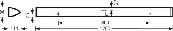Technische Zeichnung eines Profils mit Maßen: Gesamtlänge 1200, Breite 111, Höhe 88 mm, Innenmaß 800 mm, Abstand 27 mm.
