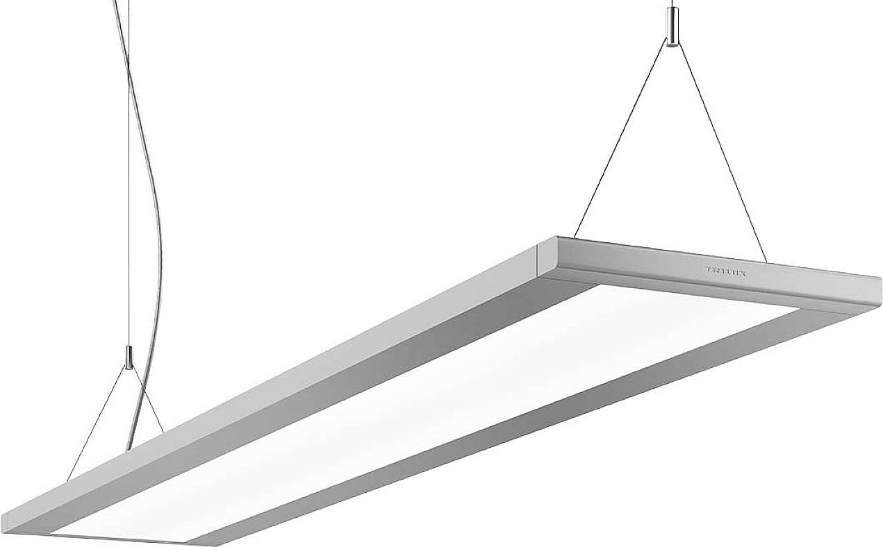 Eine moderne, rechteckige LED-Hängeleuchte mit silbernem Rahmen, aufgehängt an zwei Drahtseilen. Geeignet für Büros oder minimalistische Räume.