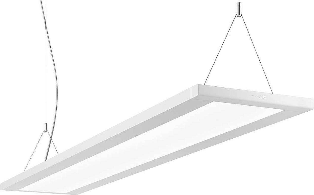 Hängende rechteckige LED-Büroleuchte mit schlankem, modernem Design. Sie ist an dünnen Kabeln befestigt und gleichmäßig ausgeleuchtet.