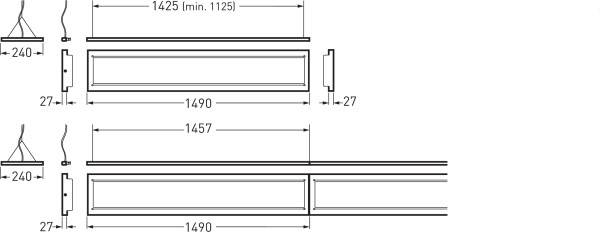 Technische Zeichnung von zwei Querschnitten eines rechteckigen Bauteils. Maße und Abstände sind angegeben, z.B. 1490 mm Breite.