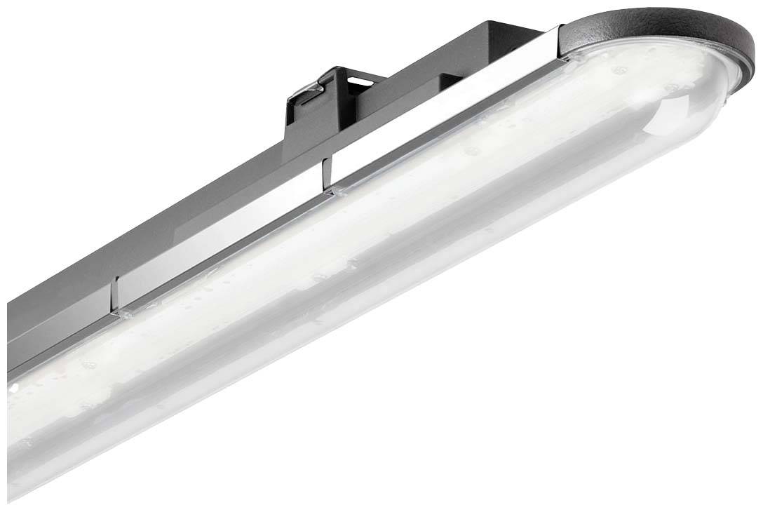 Längliche LED-Leuchte mit abgerundetem Schutzgehäuse und Metallhalterung, geeignet für gewerbliche oder industrielle Beleuchtung.