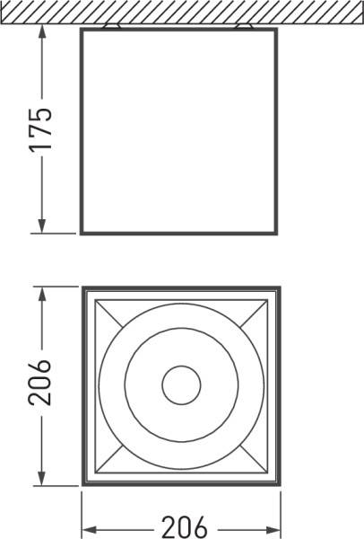 Technische Zeichnung einer quadratischen Einbauleuchte. Maße: 175mm Einbautiefe, 206mm Breite und Länge. Draufsicht und Seitenansicht.