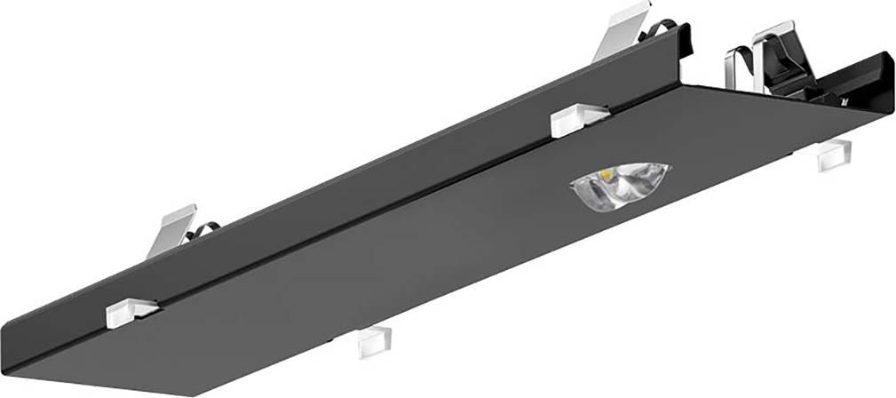 Ein rechteckiger, schwarzer Deckenstrahler mit integrierter LED-Leuchte und verstellbaren Halterungen, geeignet für moderne Innenräume.