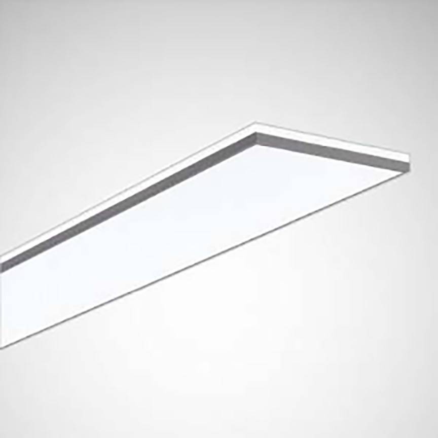 Ein rechteckiges LED-Panel vor einem grauen Hintergrund, leicht gekippt, zeigt seine schmale, flache Bauweise und weiße Leuchtfläche.