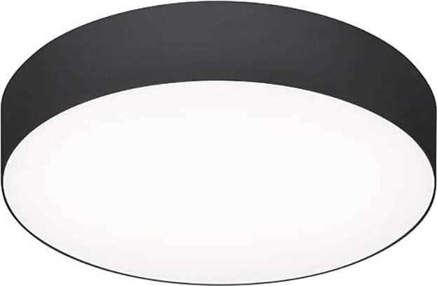Runde Deckenlampe mit schwarzem Rand und weißem Licht.