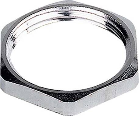 Sechskantmutter aus Metall, silbern glänzend, mit Gewinde innen. Verwendet zum Festziehen oder Sichern von Gegenständen auf Schrauben.