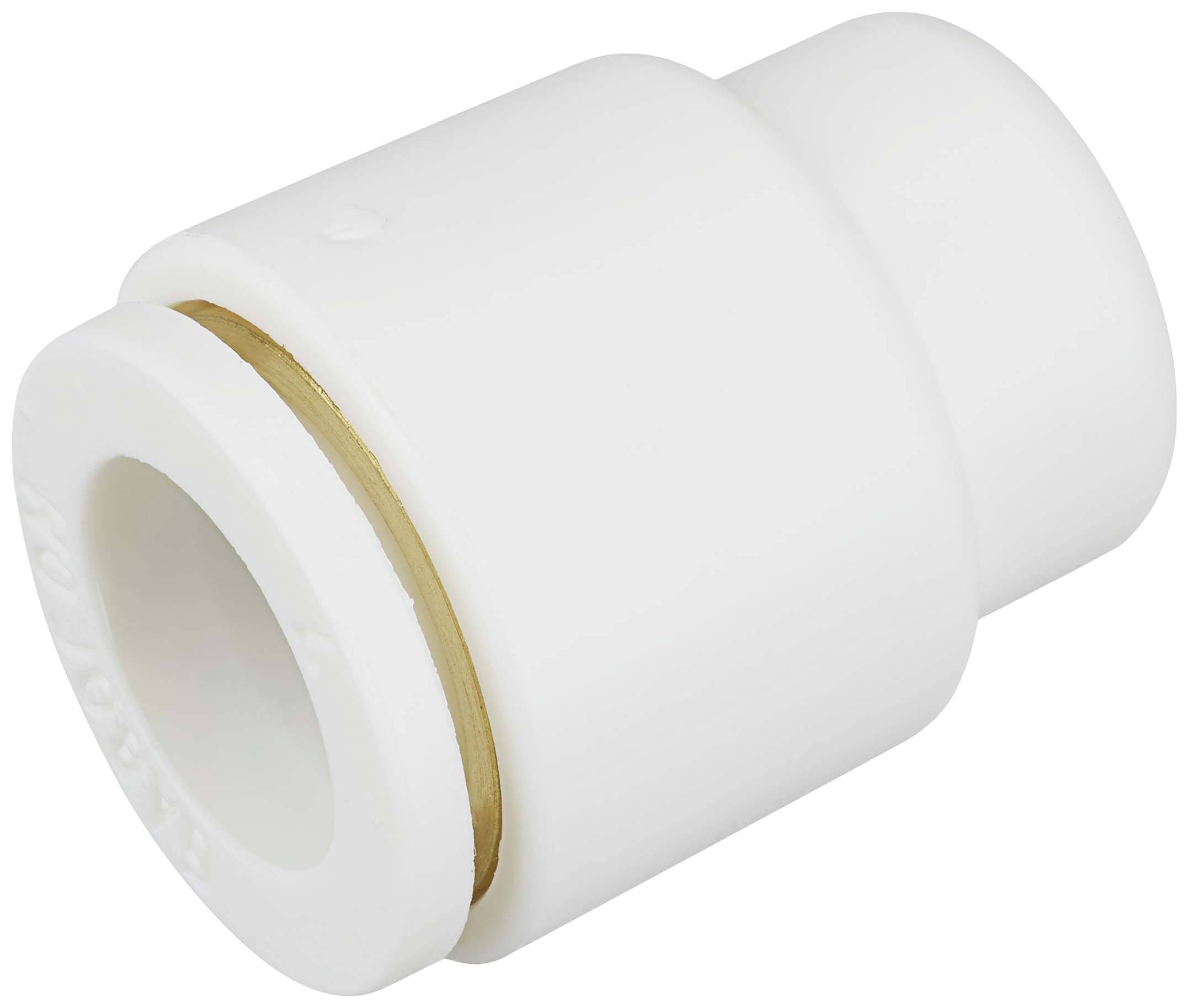 Ein weißer Kunststoff-Verbinder, zylindrisch geformt, mit goldfarbenem Ring.