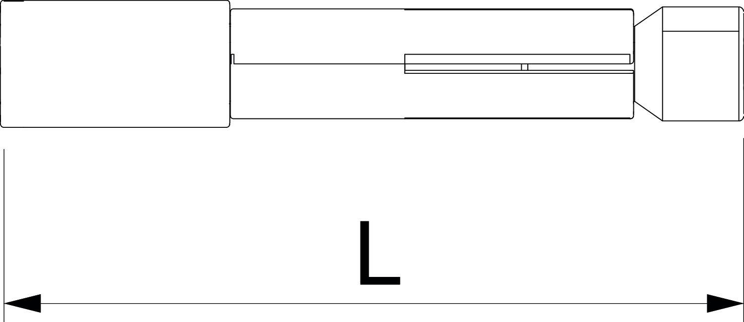 Ein technisches Diagramm zeigt eine längliche Komponente in Seitenansicht mit einem Pfeil und dem Buchstaben 'L', der die Länge kennzeichnet.