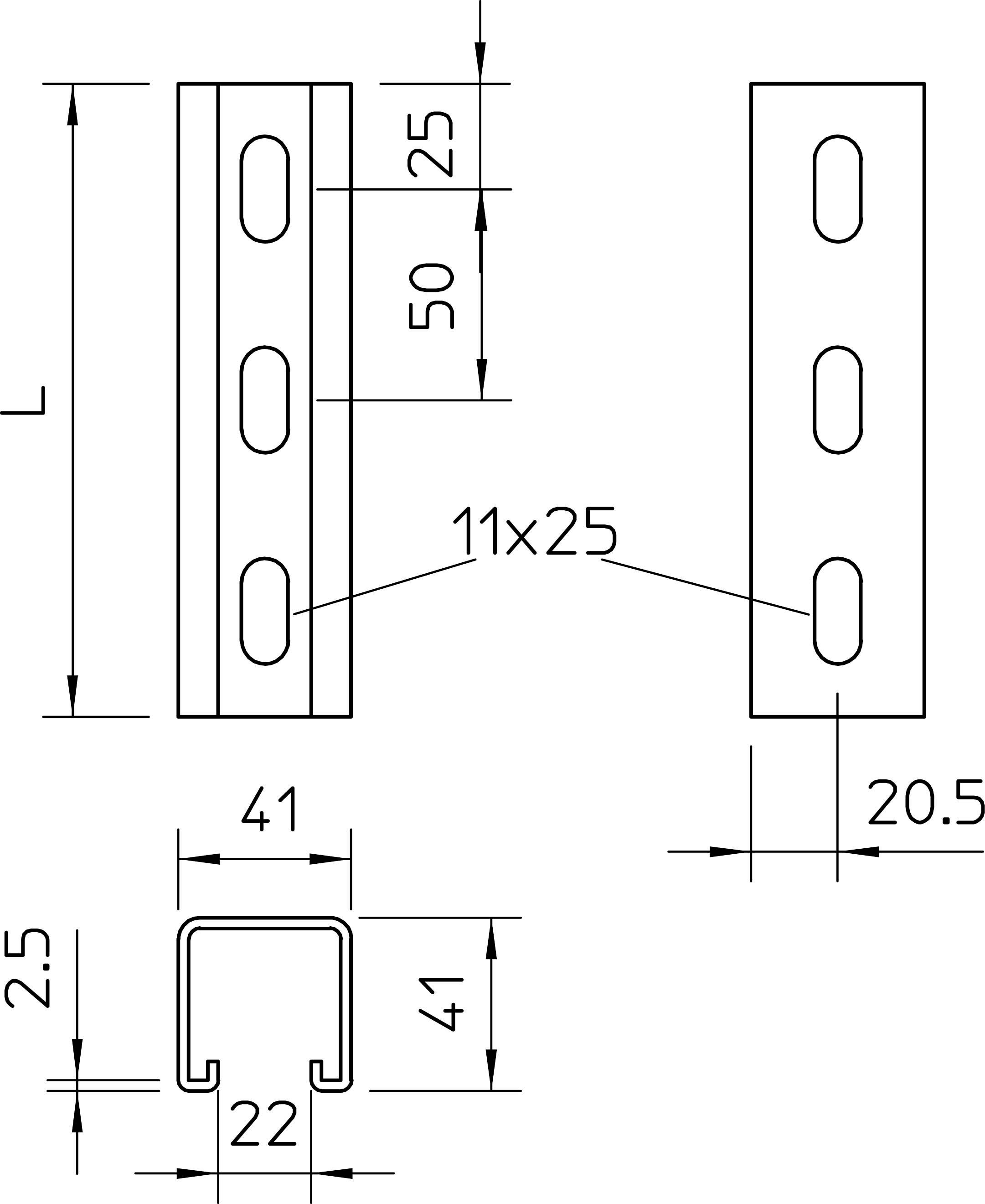 Technische Zeichnung eines Metallprofils mit Maßen: Länge 'L', Breite 41 mm, Höhe 22 mm, Lochmaße 11x25 mm, Lochabstand 50 mm.