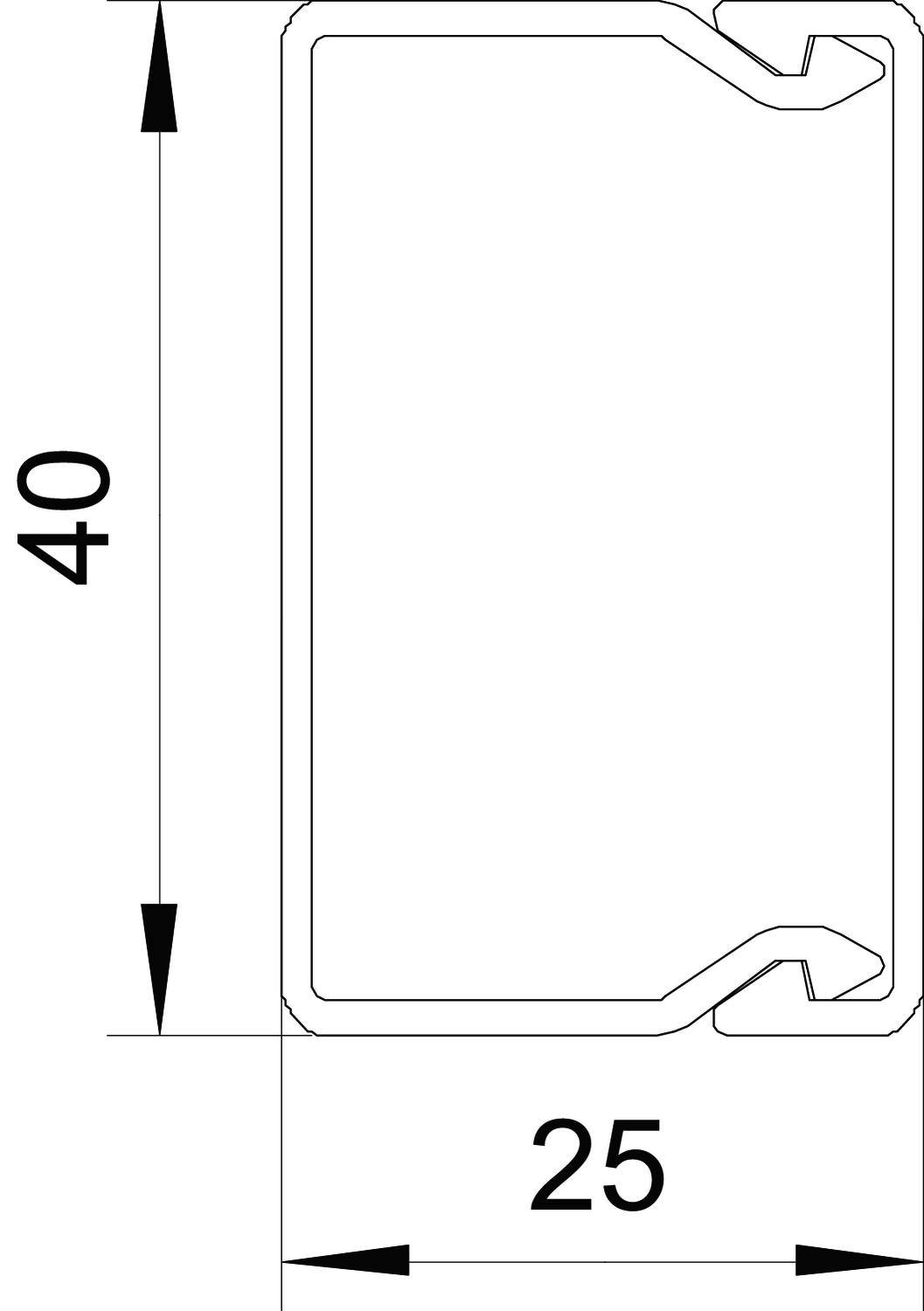 Diagramm eines rechteckigen Profils mit Maßen: Höhe 40 mm, Breite 25 mm. Die Form hat Einkerbungen auf einer Seite.