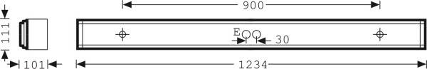 Technische Zeichnung eines rechteckigen Balkens. Länge: 1234 mm, Breite: 101 mm, Höhe: 111 mm. Zentrales Loch im Abstand von 900 mm.