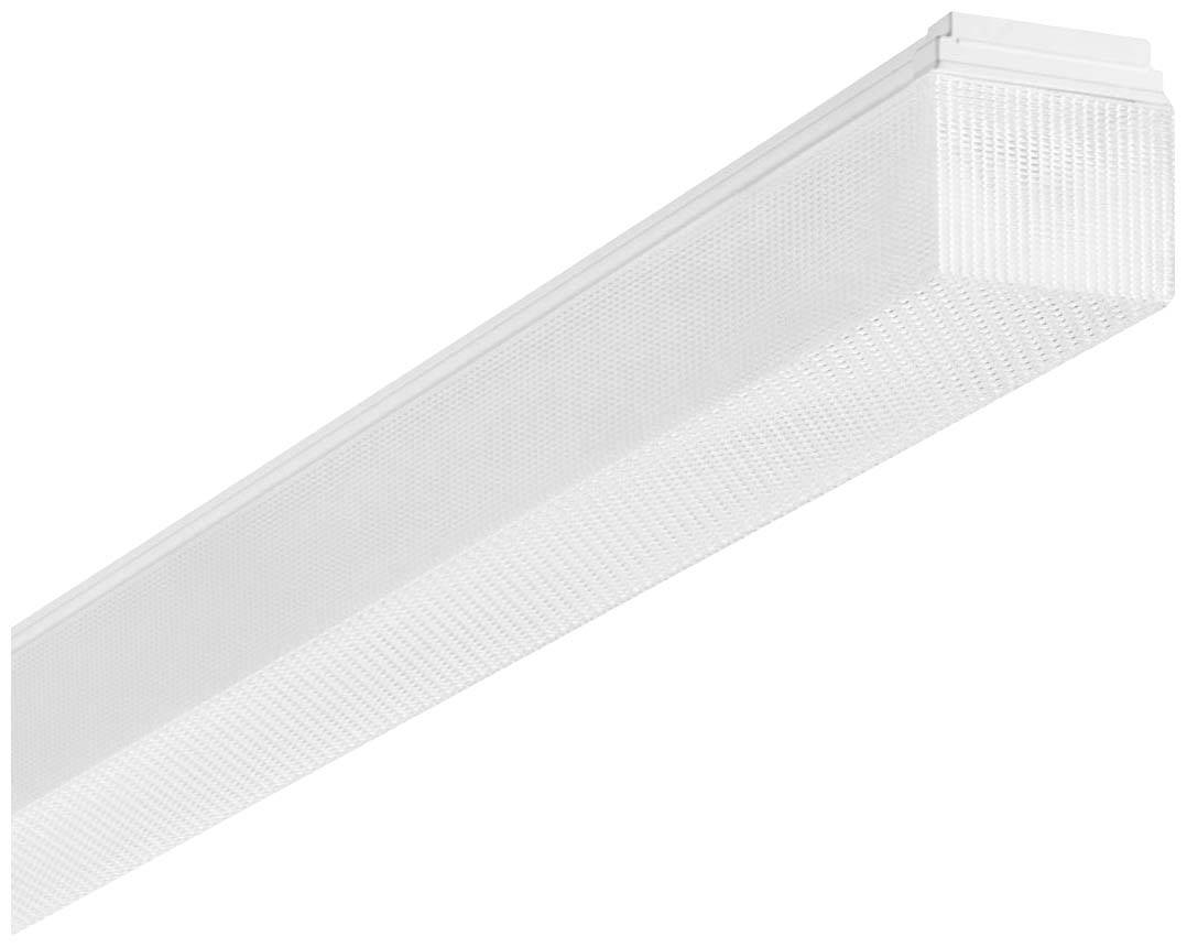 Ein rechteckiges, längliches, weißes LED-Licht mit strukturierter Oberfläche, zur Deckenmontage geeignet.