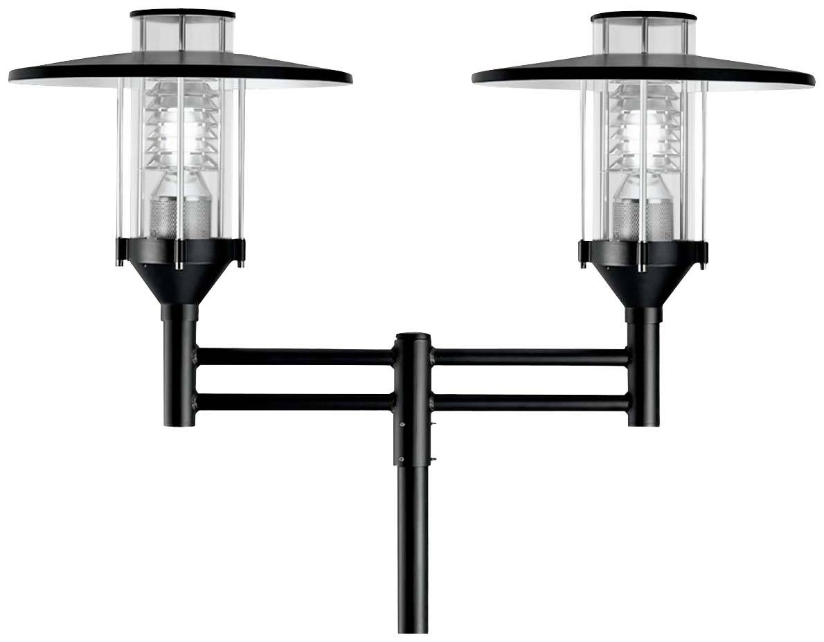 Außenleuchte mit zwei klaren, zylindrischen Lampenschirmen und schwarzen Metalldetails.