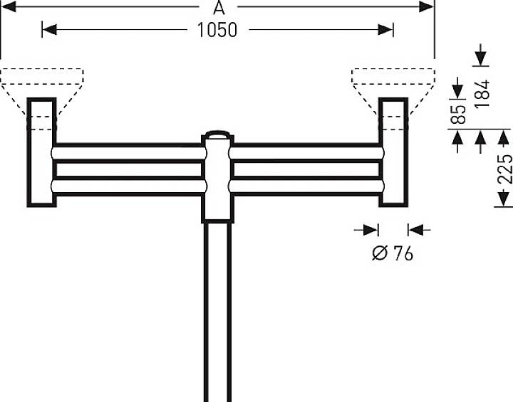 Technische Zeichnung eines Rohrs mit einer Länge von 1050 mm und einem Durchmesser von 76 mm. Höhenangaben: 85 mm und 184 mm.