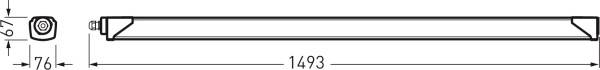 Technische Zeichnung einer länglichen Leuchte mit Maße: Länge 1493 mm, Höhe 76 mm, Breite 67 mm, zeigt Anschlüsse an beiden Enden.
