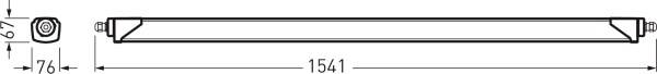 Zeichnung einer linearen Leuchtstofflampe mit Abmessungen: Länge 1541 mm. Links ist ein Detail der runden Endkappe zu sehen.